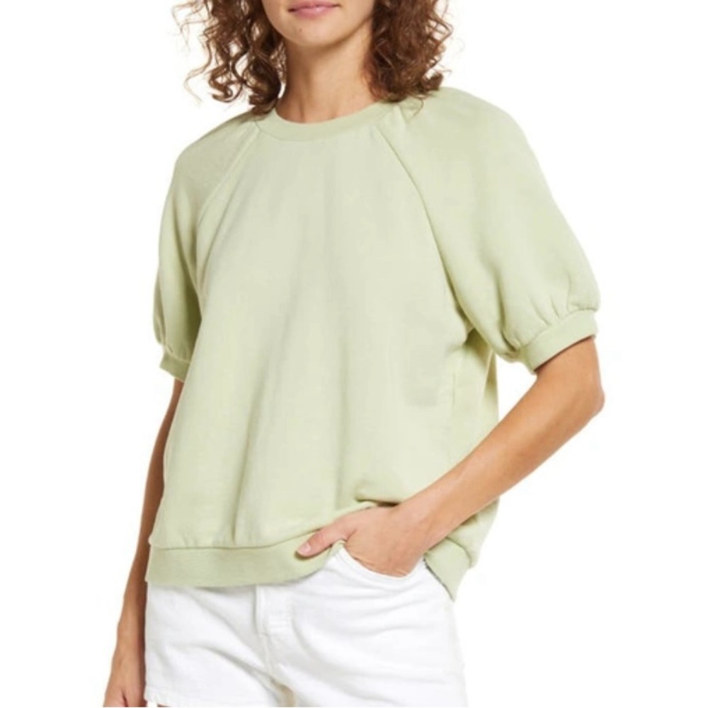 Madewell puff-sleeve short sleeved sweatshirt,
Sea grass color